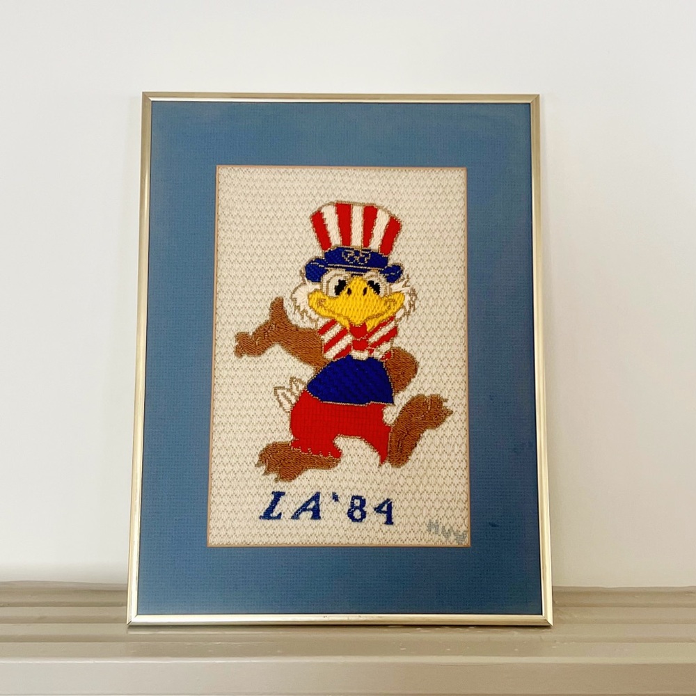Patriotic Cartoon Eagle Needlework Framed Art - Red, Blue, White